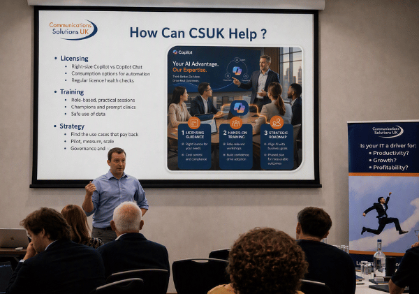 Speaker presenting how Communications Solutions UK helps organisations adopt AI through licensing, training and strategy services